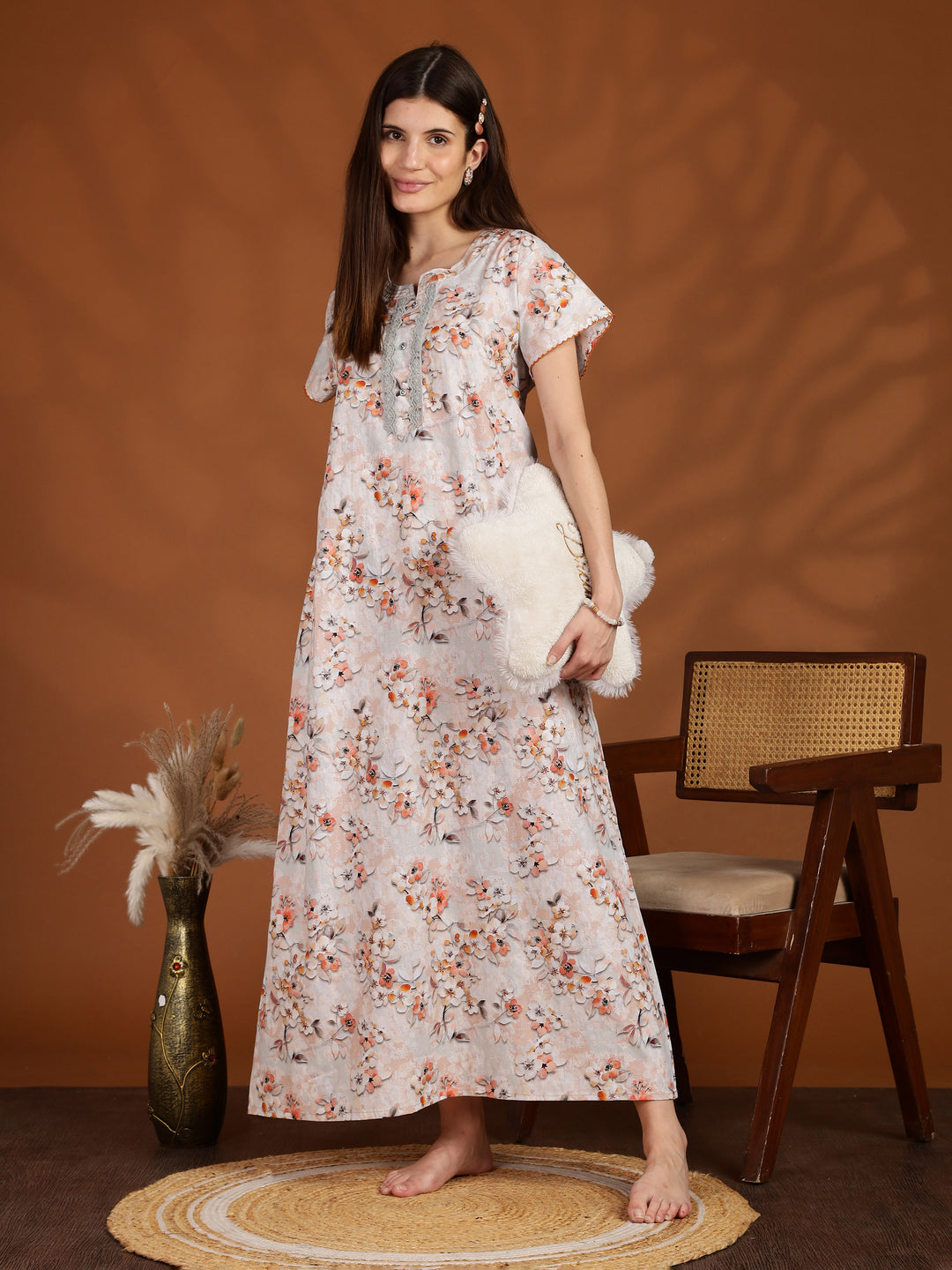 Floral Orange Pure Cotton Nighty for Women