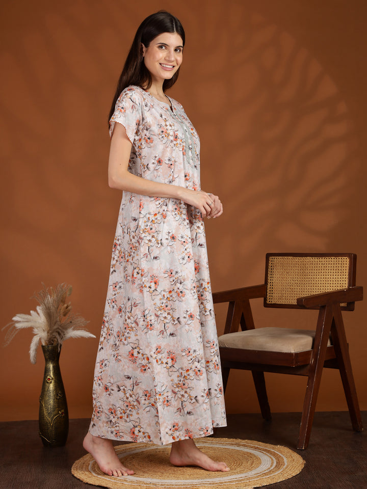 Floral Orange Pure Cotton Nighty for Women