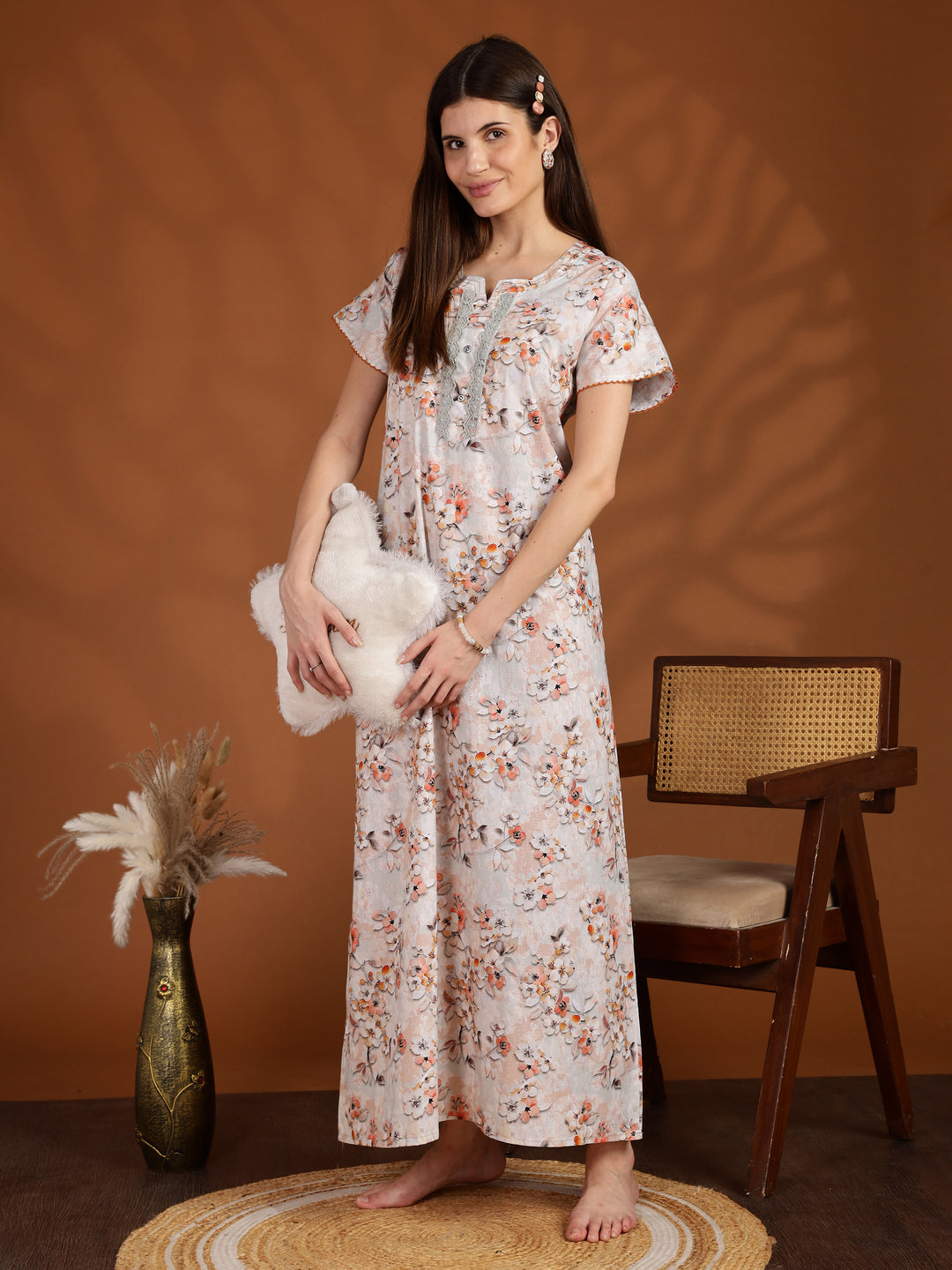 Floral Orange Pure Cotton Nighty for Women