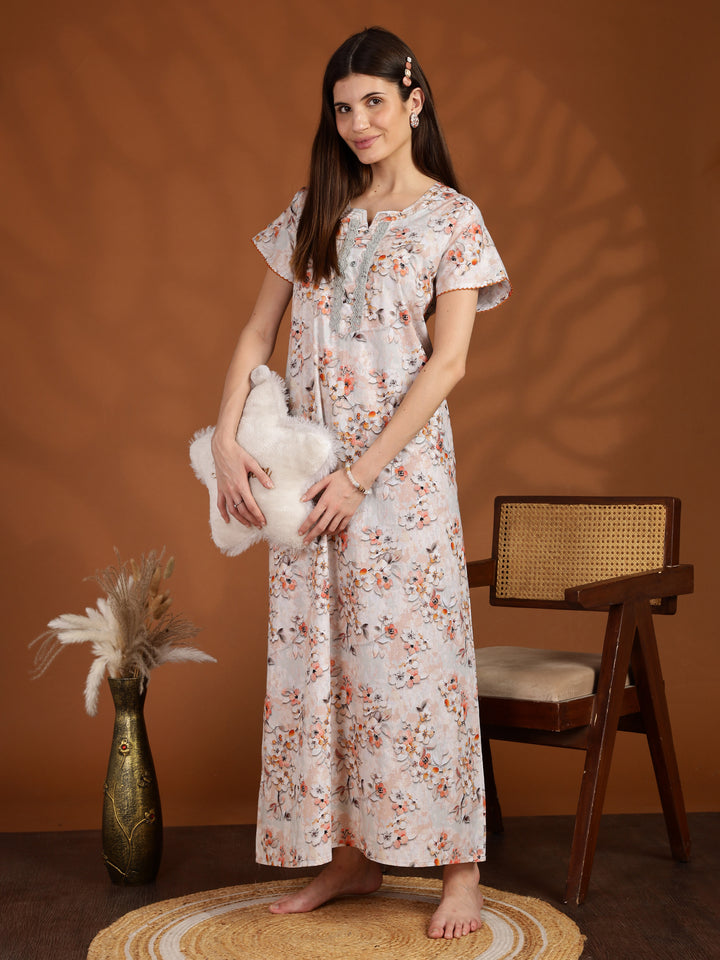 Floral Orange Pure Cotton Nighty for Women