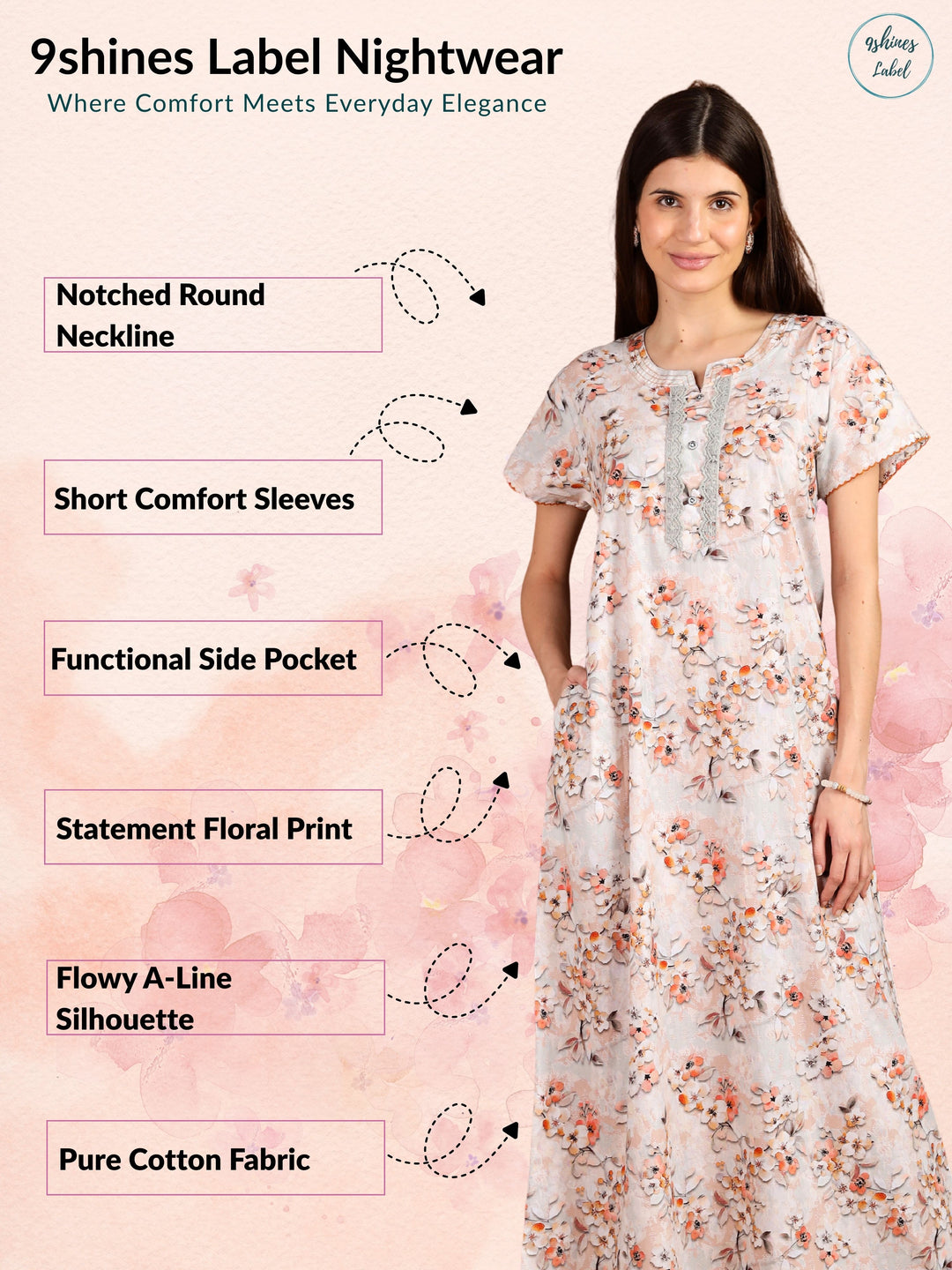 Orange Floral Digital Print Cotton Nighty with Designer Finish