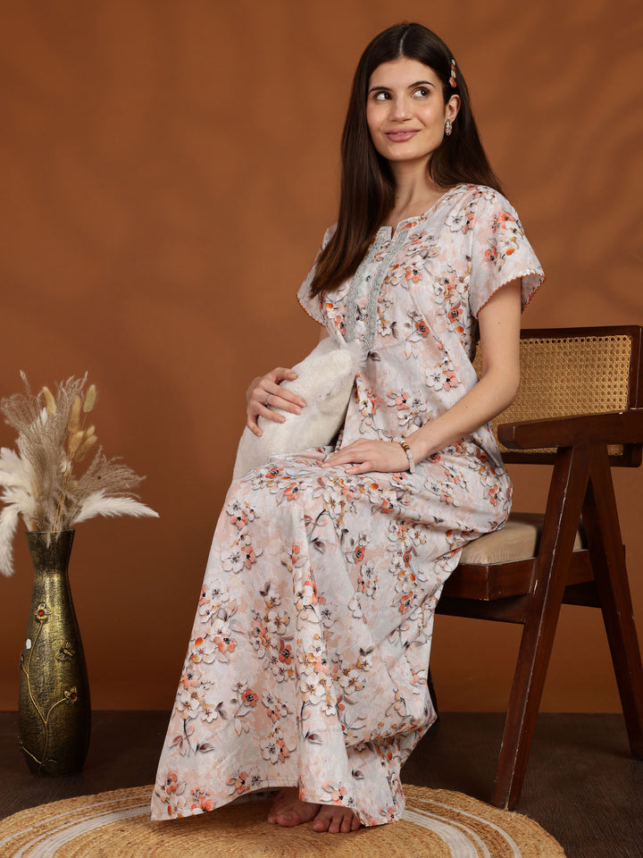 Floral Orange Pure Cotton Nighty for Women