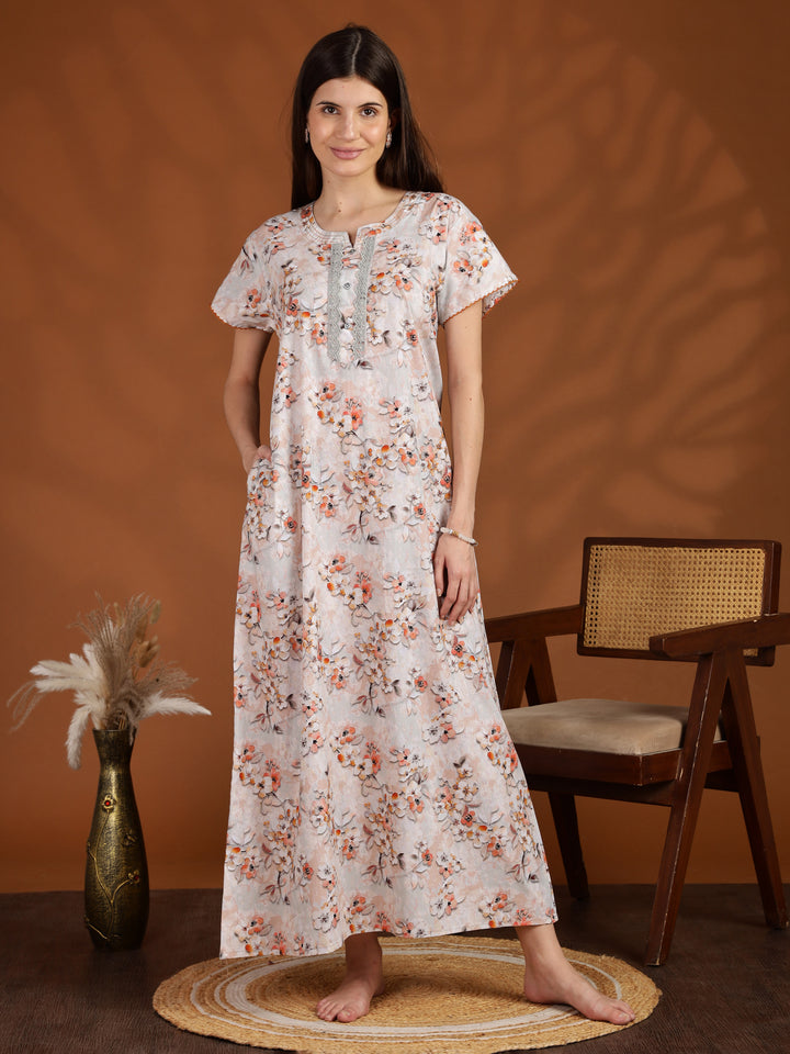 Floral Orange Pure Cotton Nighty for Women