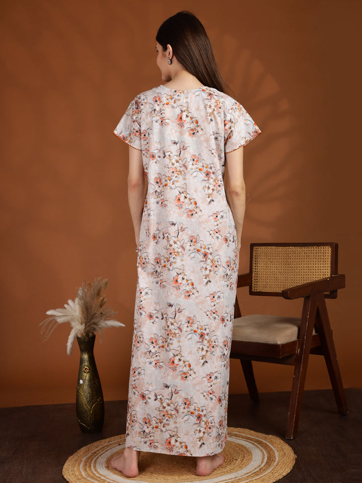 Floral Orange Pure Cotton Nighty for Women