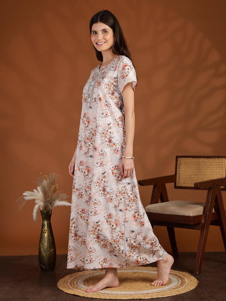 Floral Orange Pure Cotton Nighty for Women