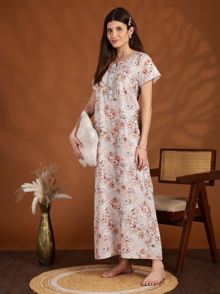 Floral Orange Pure Cotton Nighty for Women