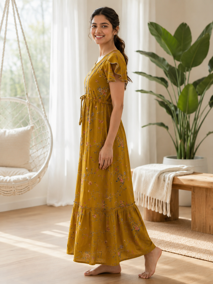 Floret Mustard Alpine Designer Nighty for Women with Frock Fit