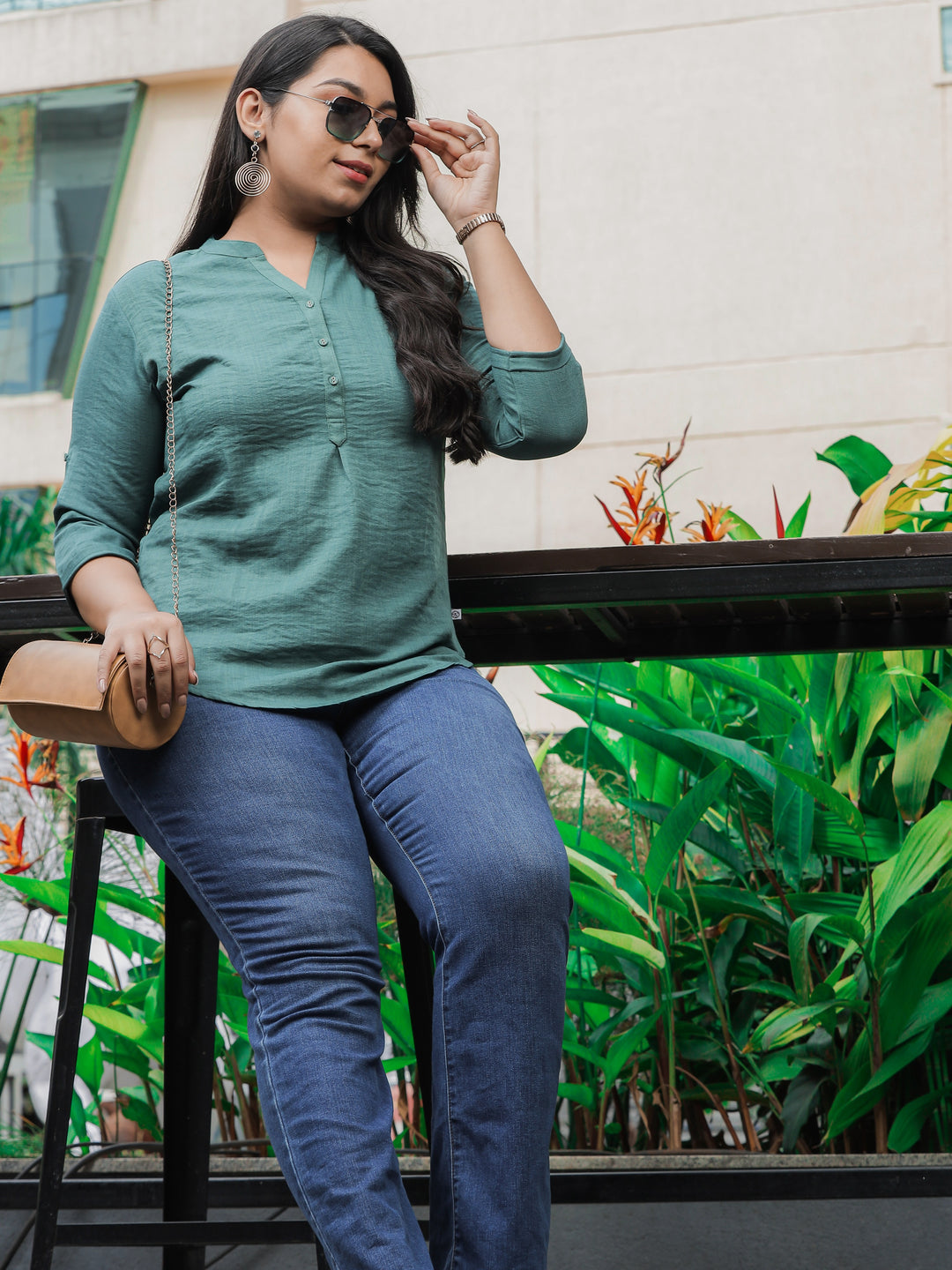  Casual Tops  Mandarin Collar Top - Buy Trendy Green Cotton Top Online- 9shines label 