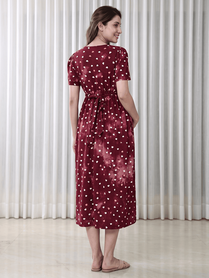 Red Heart Print Hosiery Cotton Maternity Nighty with Feeding Flap
