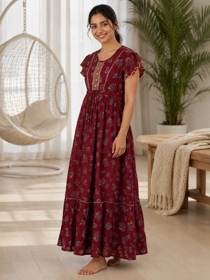 Blossom Maroon Alpine Designer Nighty for Women Relaxed Frock Style