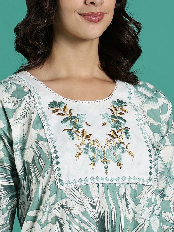 Green embroidered pure cotton nighty with 3/4 sleeves