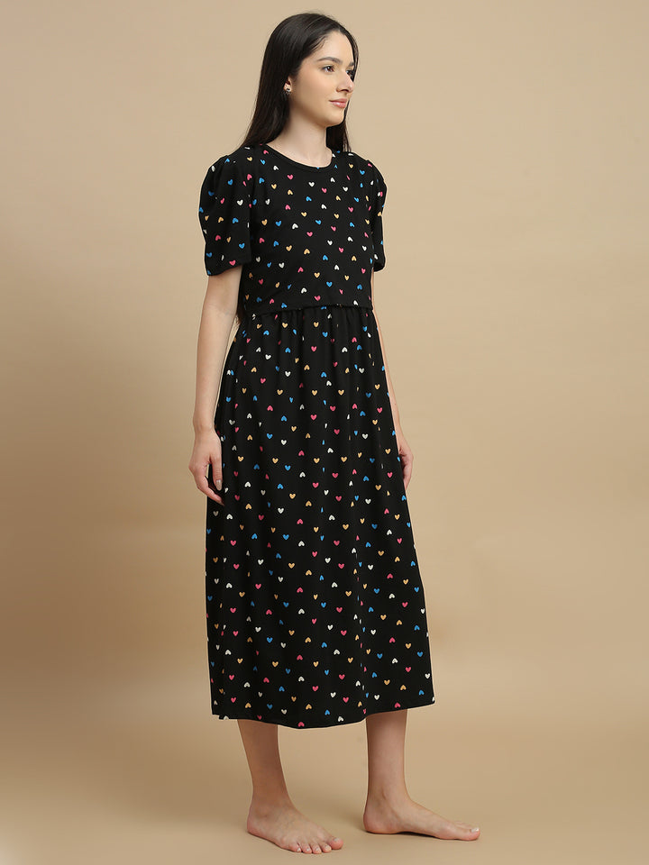 Black Sweetheart Floral Hosiery Cotton Short Maternity Nighty