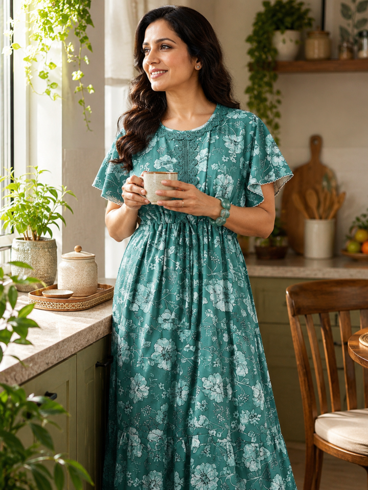 Aqua Lake Floral Alpine Nighty with Drawstring Waist & Side Pocket