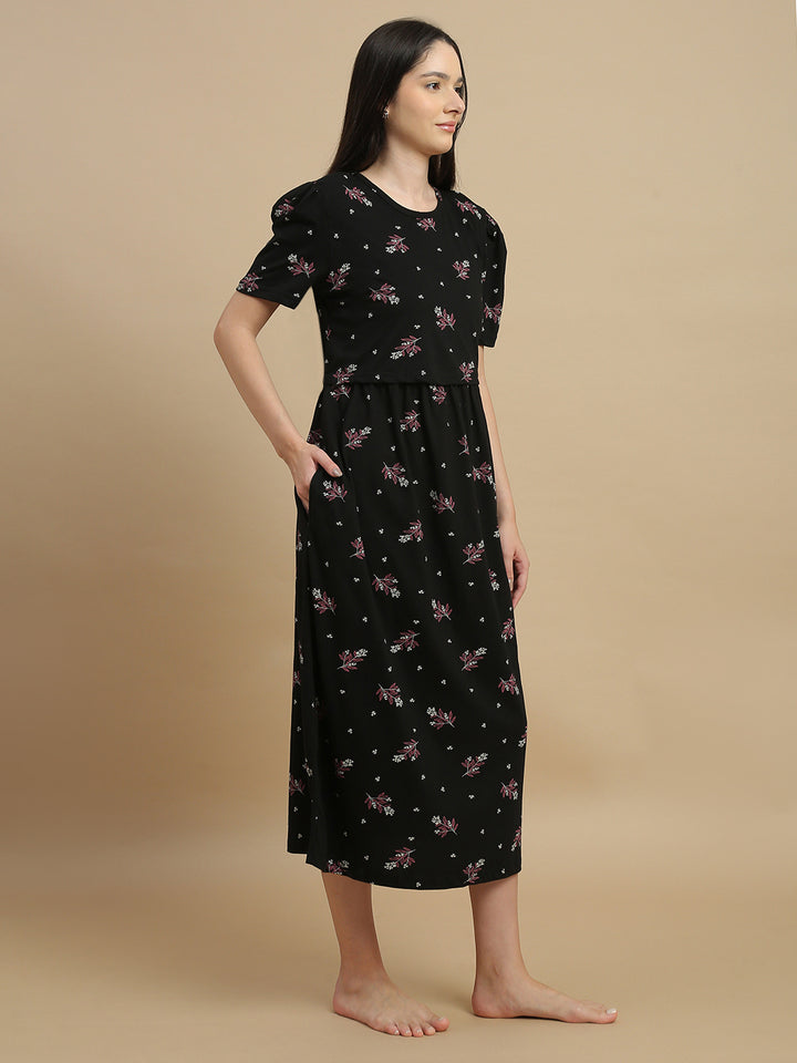 Midnight Blossom Floral Hosiery Cotton Short Maternity Nighty