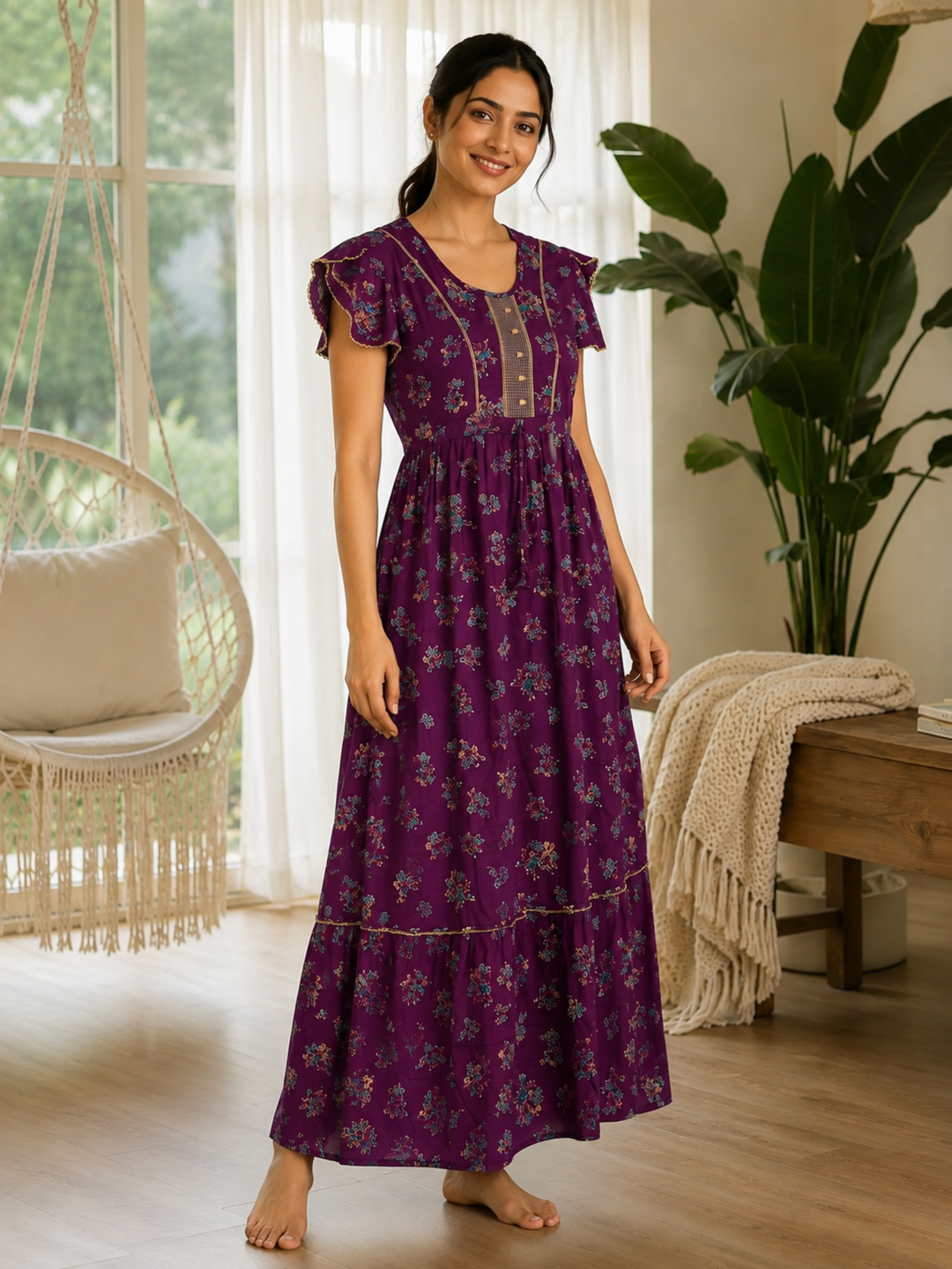 Blossom Wine Alpine Designer Nighty for Women Comfortable Frock Style