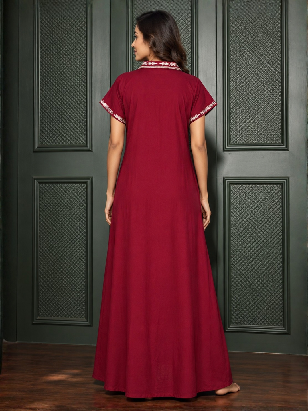 Maroon Alpine Designer Nighty for Women with Art Resham Embroidery