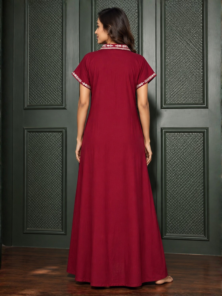 Maroon Alpine Designer Nighty for Women with Art Resham Embroidery