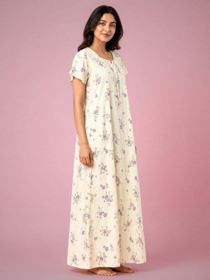 Meadow Yellow Floral Crush Cotton Nighty for Women Relaxed Fit