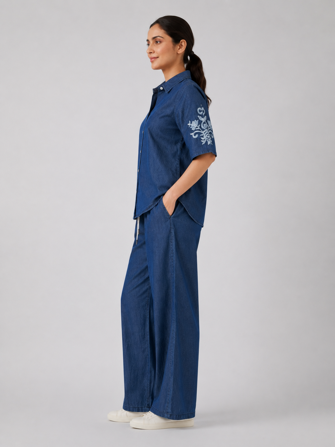 Light Blue Pure Cotton Denim Wash Co Ord Set for Women