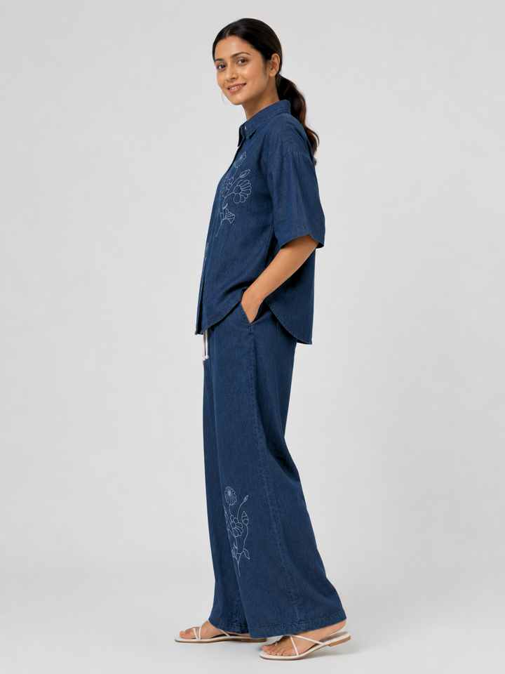 Dark Blue Denim Co Ord Set for Women with Floral Embroidery