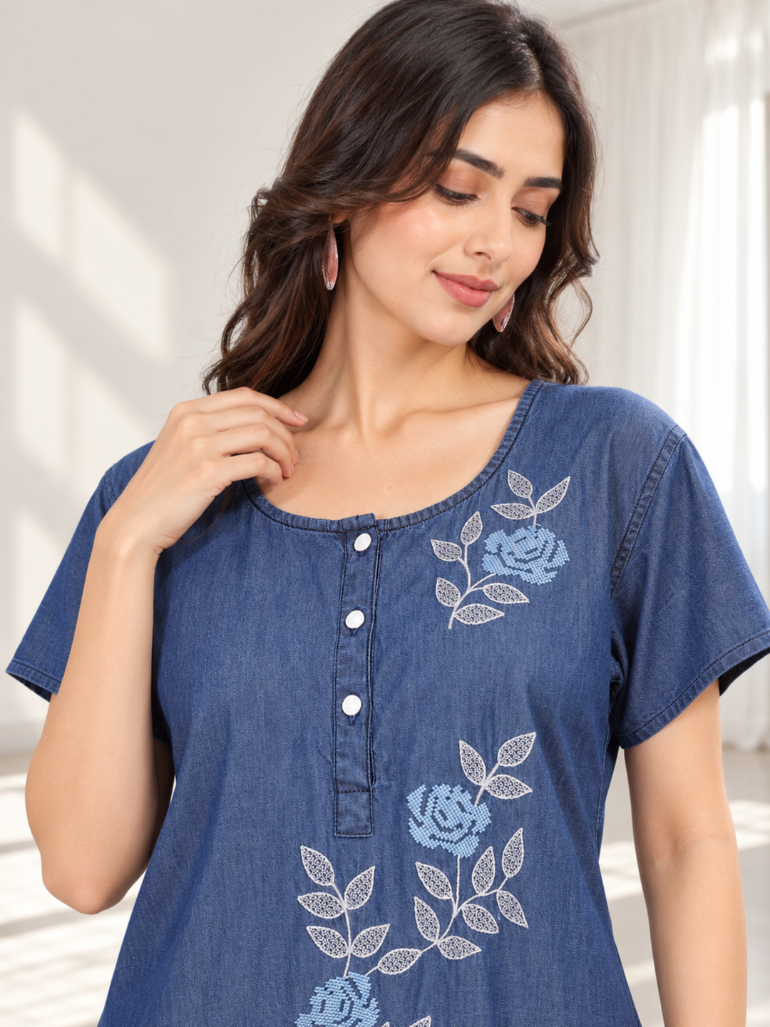 Denim Blue Soft Cotton Nighty | Floral Embroidery, Full-Length Comfort