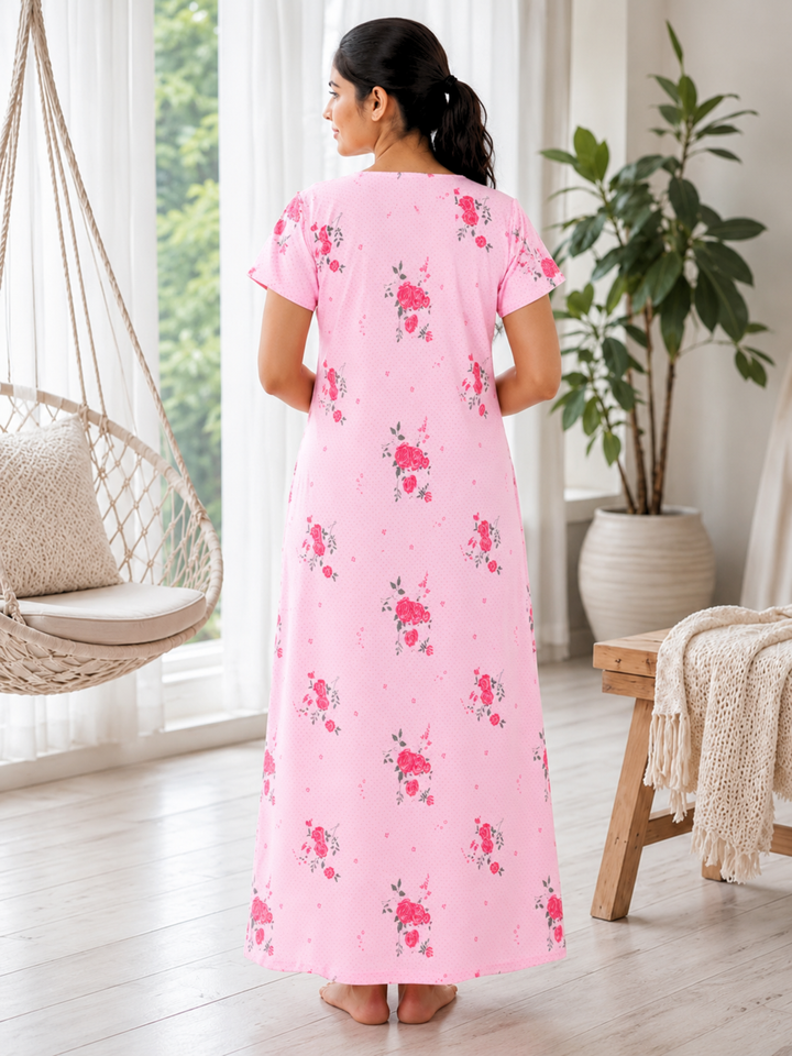 Rose Embroidered Cotton Blend Nightdress for Women