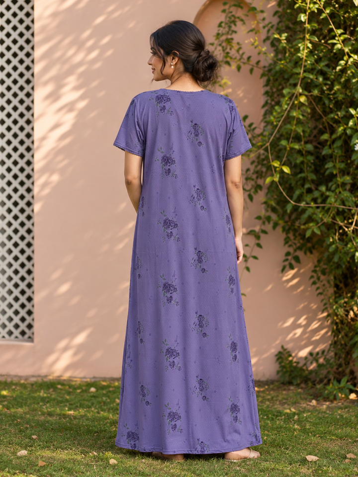Purple Cotton Blend Embroidered Maxi Nighty for Women