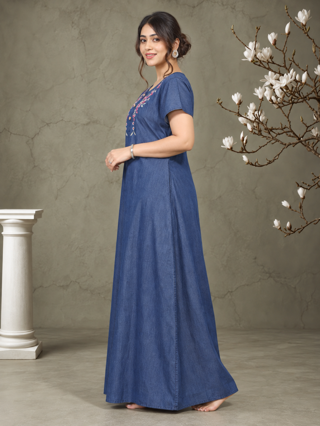 Soft Denim Blue Nighty with Pink Floral Embroidery Maxi Length