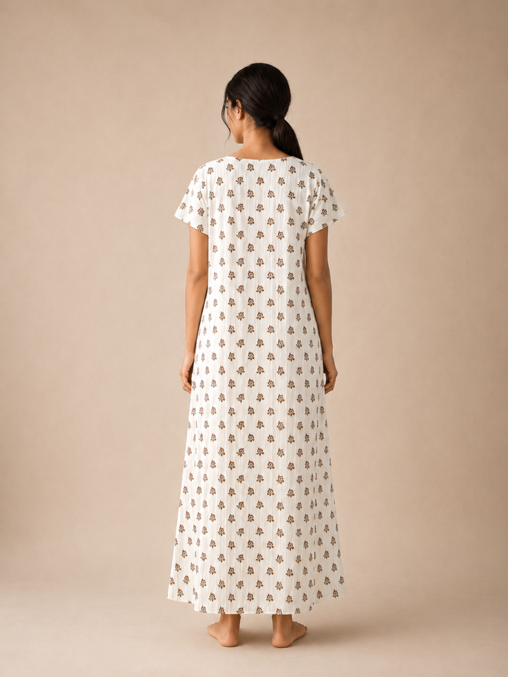 Buti Print Bamboo Feel Crush Cotton Nighty for Women Vanilla