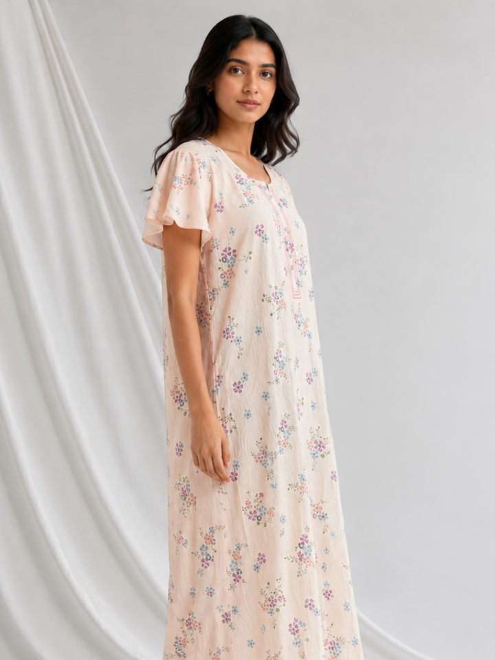Meadow Peach Floral Crush Cotton Nighty for Women Breathable