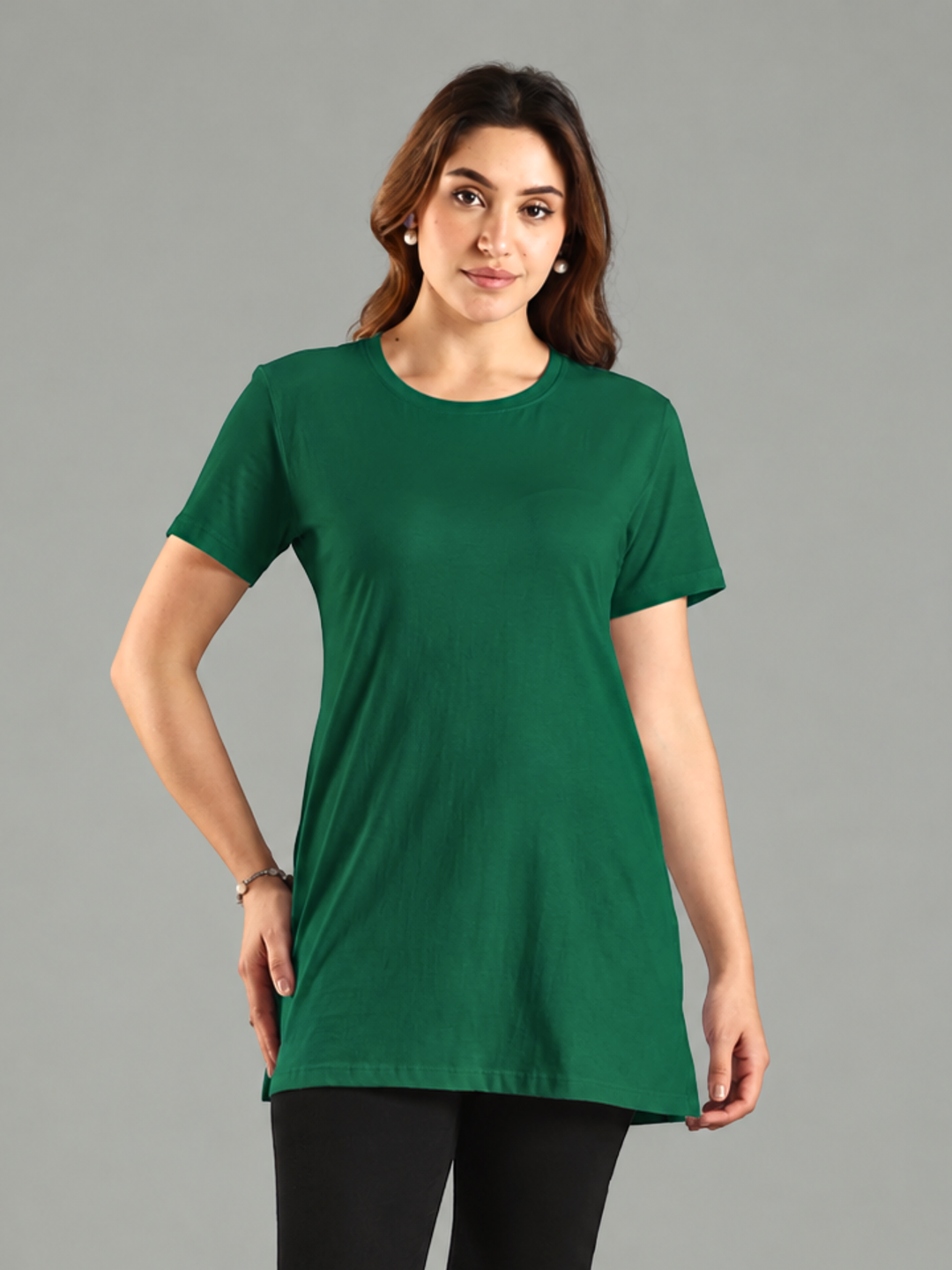 Green Hosiery Cotton Long T Shirt Nighty with Side Pocket