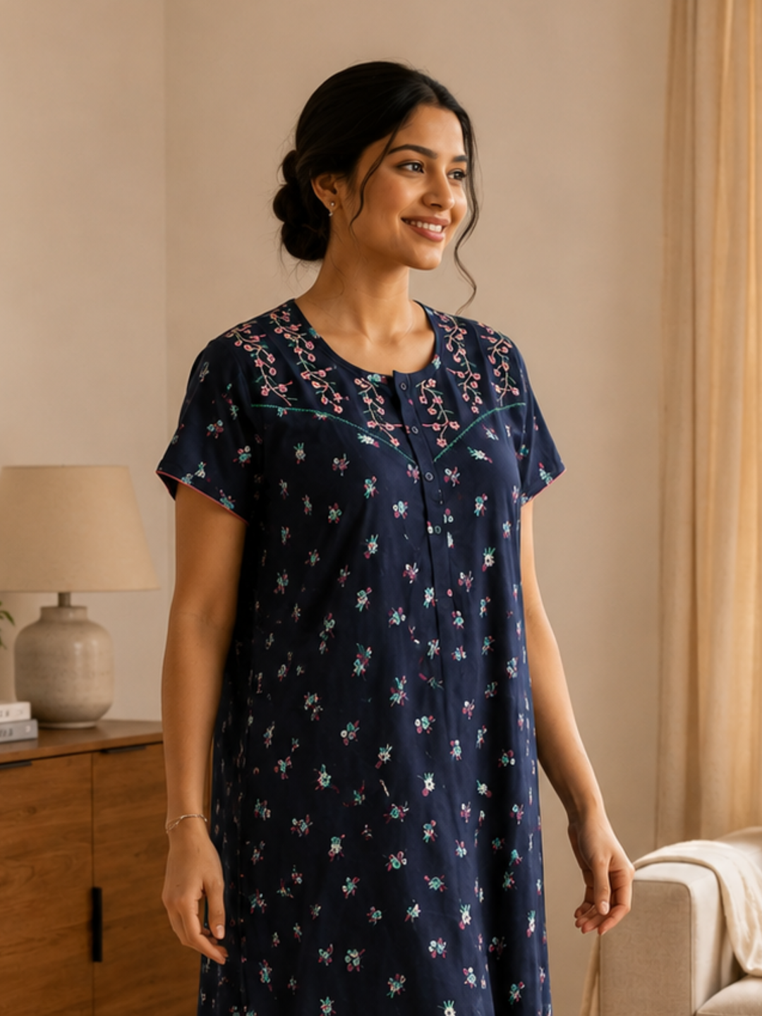 Ink Blue Floral Cotton Blend Designer Nighty for Women