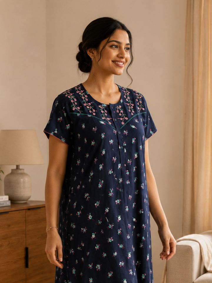 Ink Blue Floral Cotton Blend Designer Nighty for Women