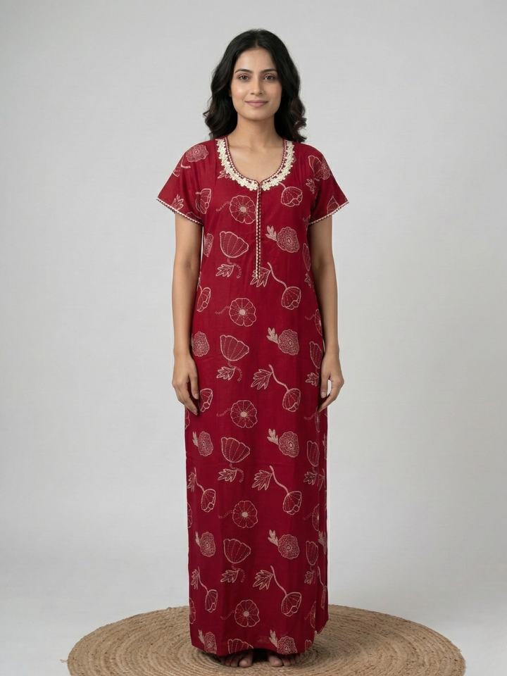 Alpine Floral A Line Nighty in Daisy Red with Front Zip