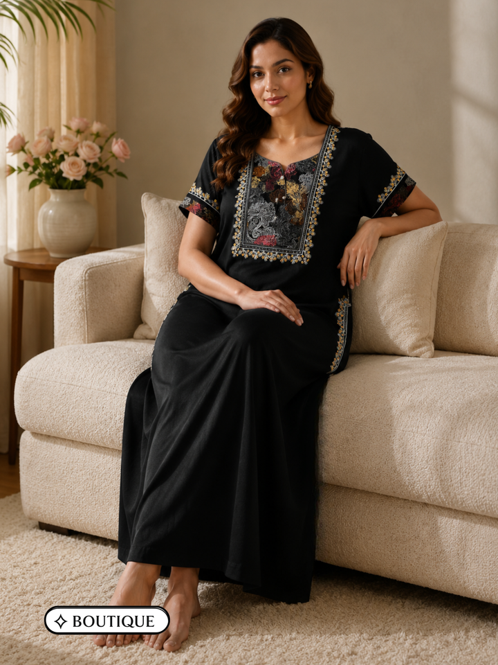 Regal Black Alpine Designer Nighty for Women with Embroidered A Line Fit