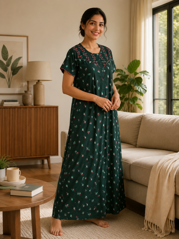 Bottle Green Floral Cotton Blend Designer Nighty for Women