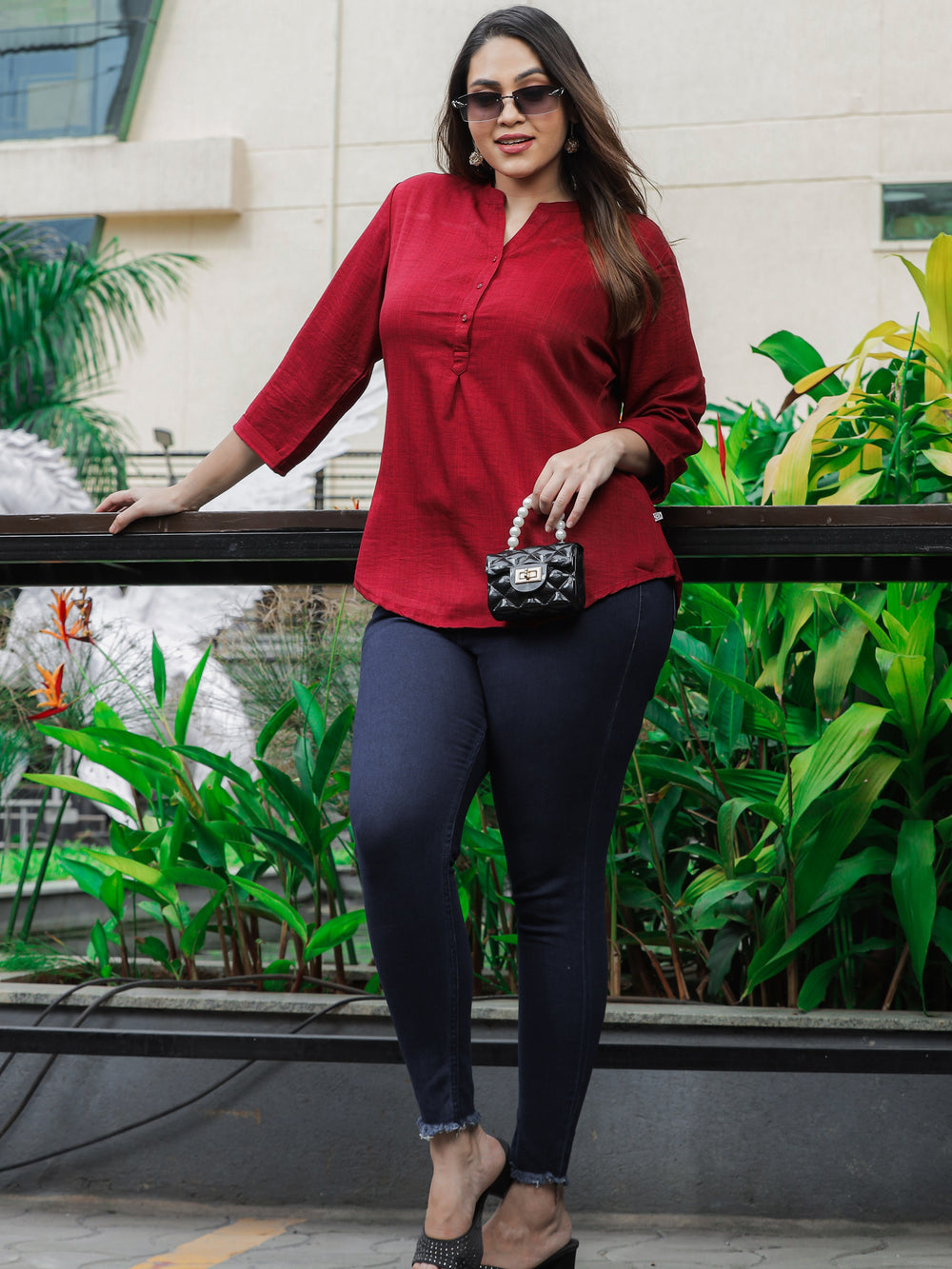 Dark Red Cotton Mandarin Collar Plus Size Top for Women 