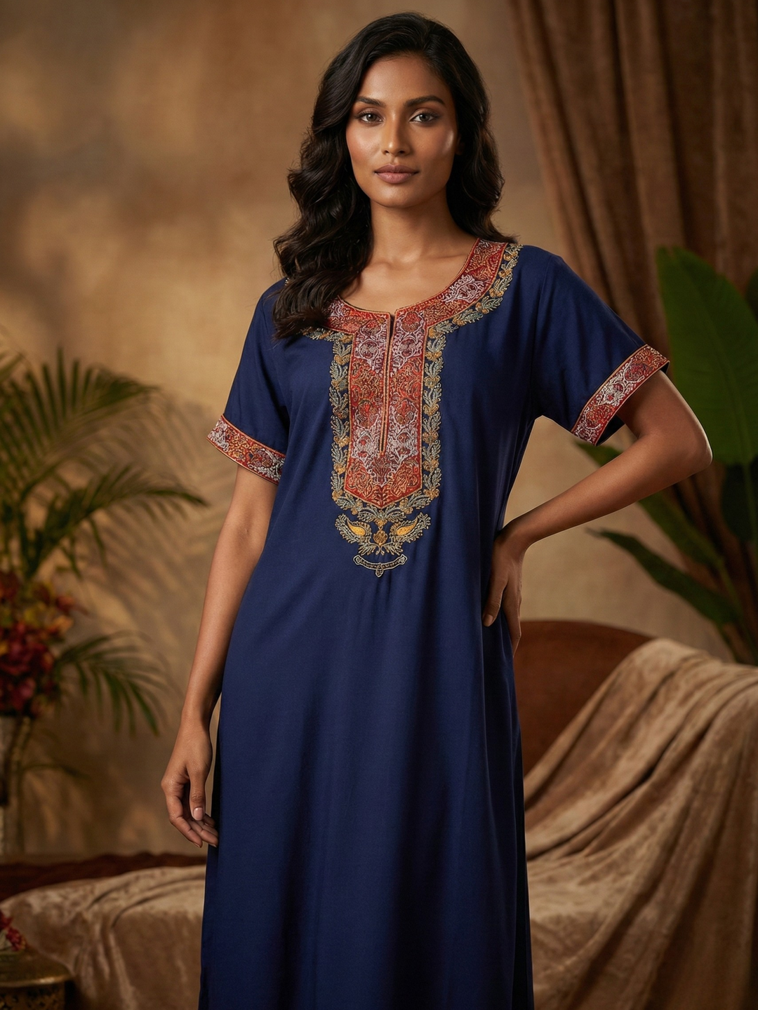 Raatrani Heritage Blue Alpine Embroidered A Line Nighty for Women