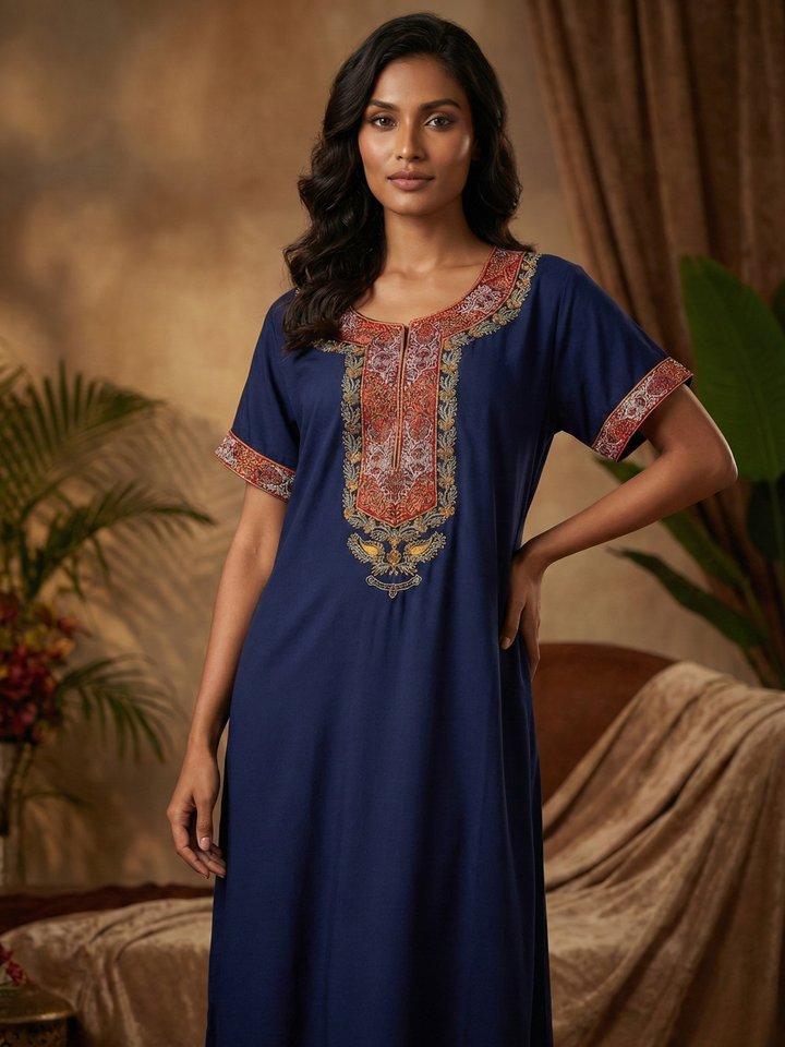 Raatrani Heritage Blue Alpine Embroidered A Line Nighty for Women