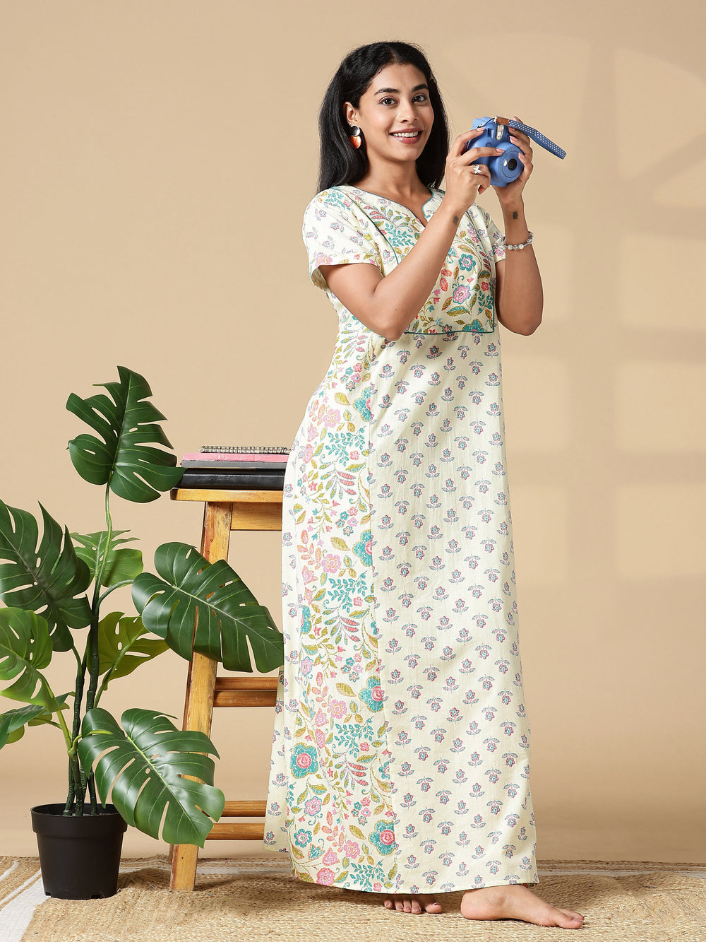 Light Yellow Floral Jaipuri 3xl Cotton Nighty with Pocket