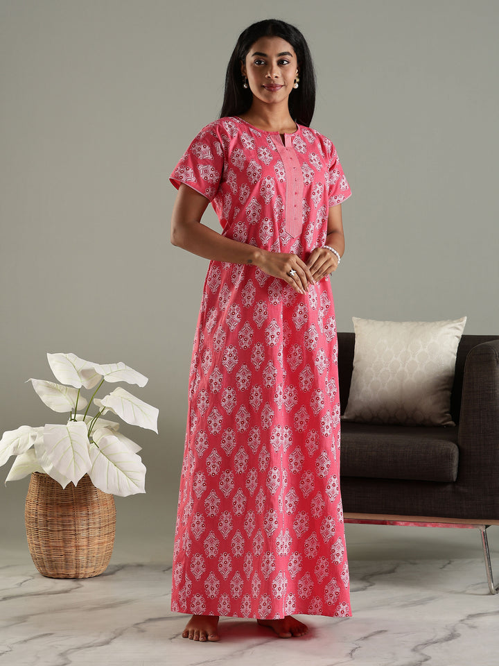 Pure cotton nighty for women with pocket In pink