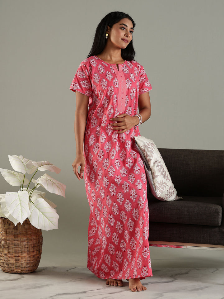 Pure cotton nighty for women with pocket In pink