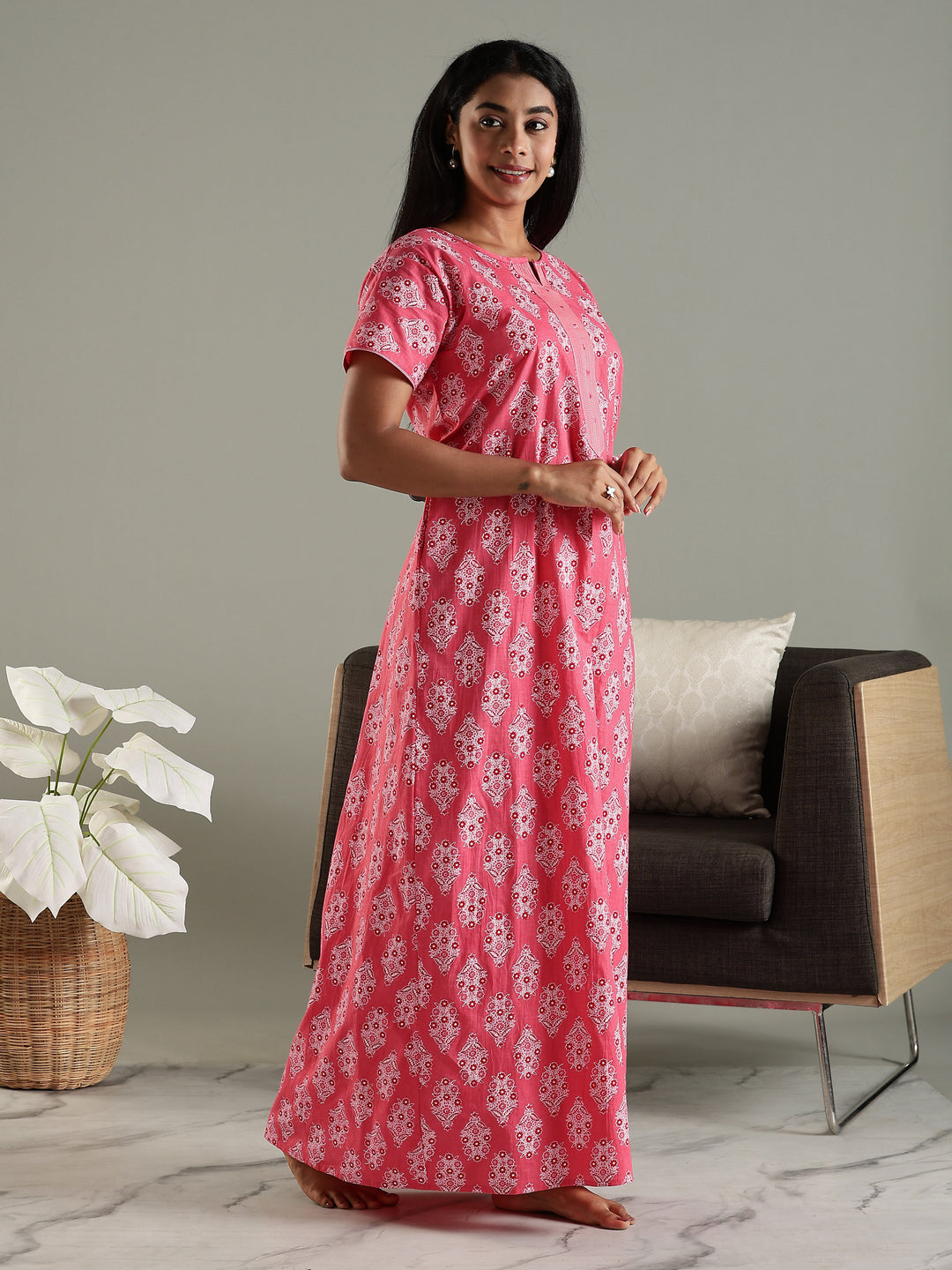 Pure cotton nighty for women with pocket In pink