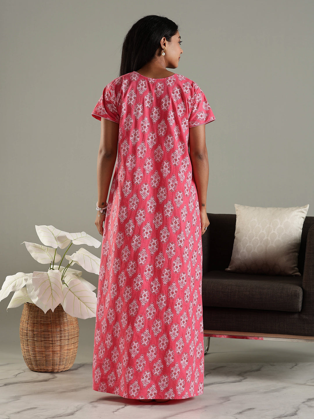 Pure cotton nighty for women with pocket In pink