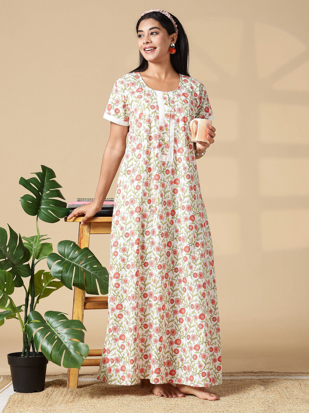 Peach Cream A-Line Pure Cotton Nighty for Women