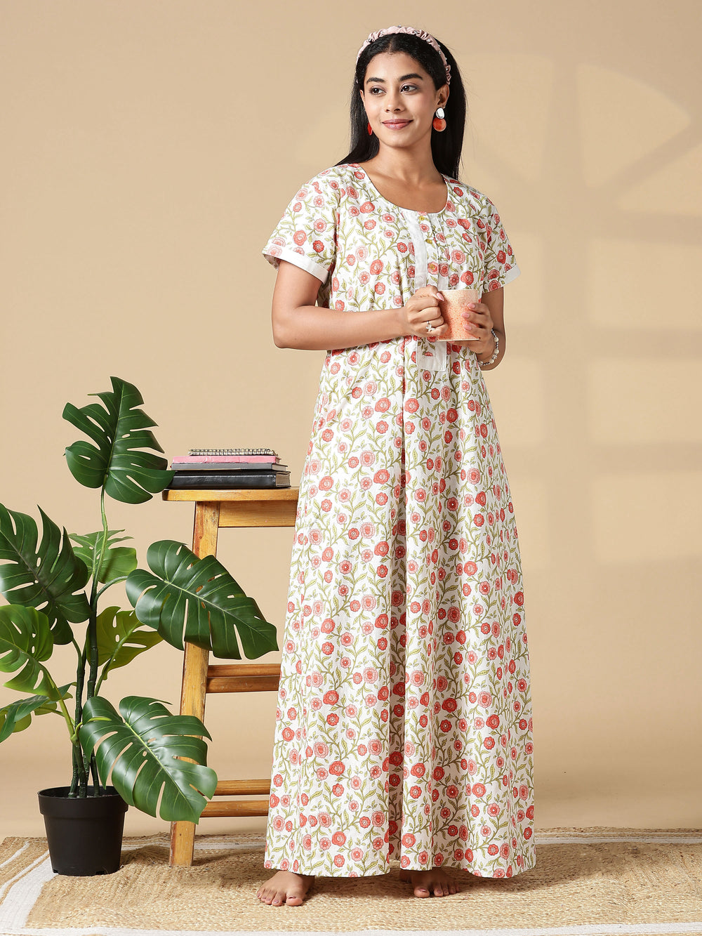 Peach Cream A-Line Pure Cotton Nighty for Women