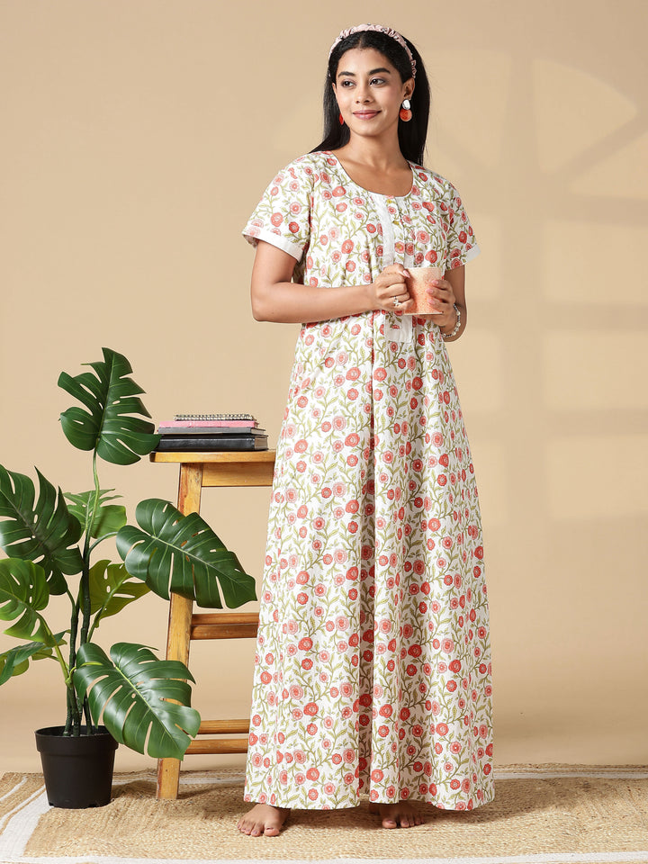 Peach Cream A-Line Pure Cotton Nighty for Women