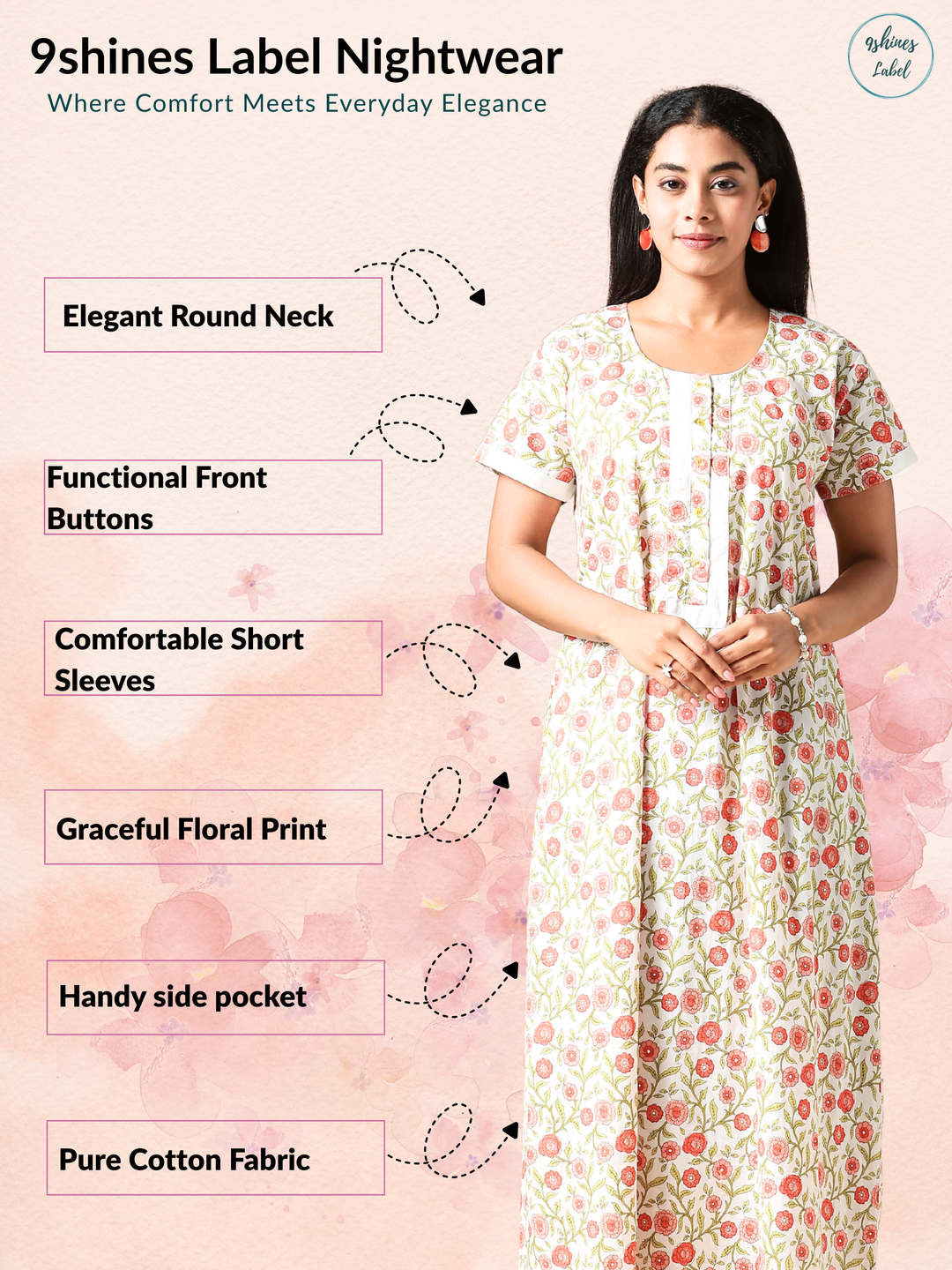 Peach Cream A-Line Pure Cotton Nighty for Women