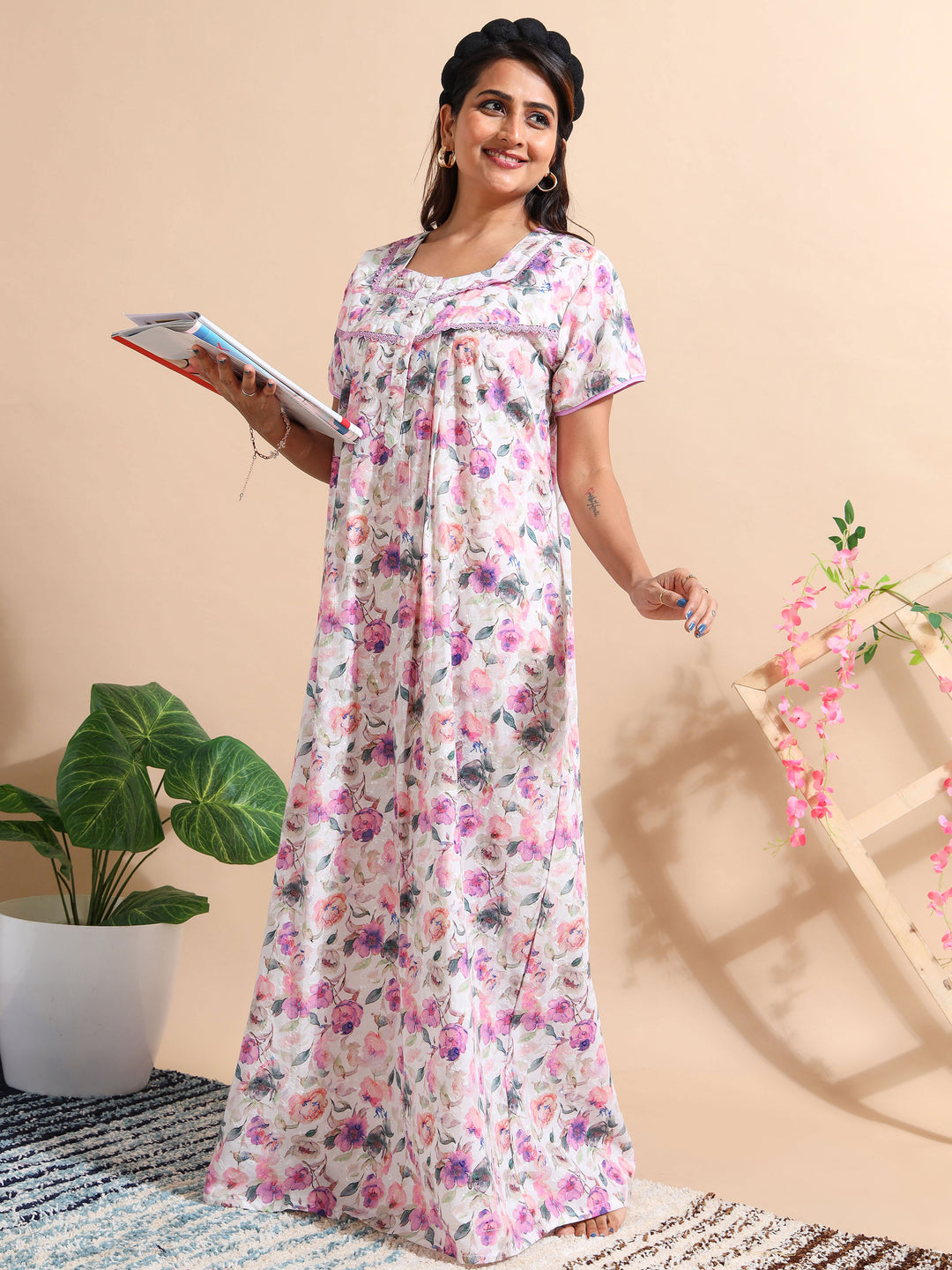 Purple Chikankari Pure Cotton Front Open Nighty for Women