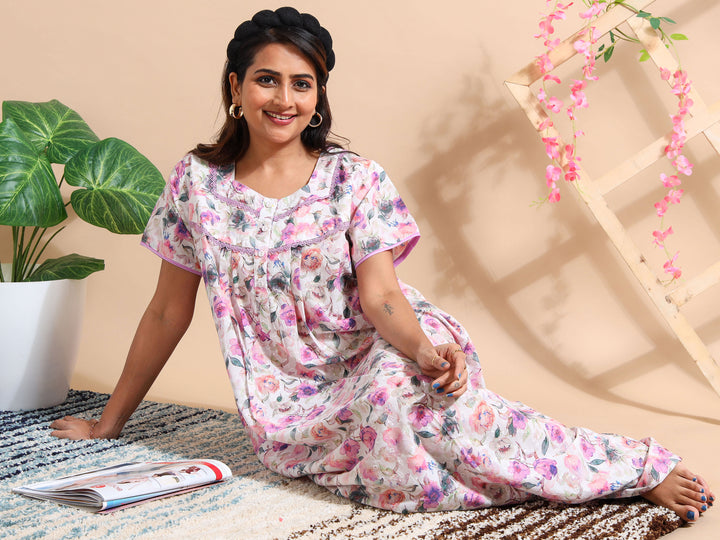 Purple Chikankari Pure Cotton Front Open Nighty for Women